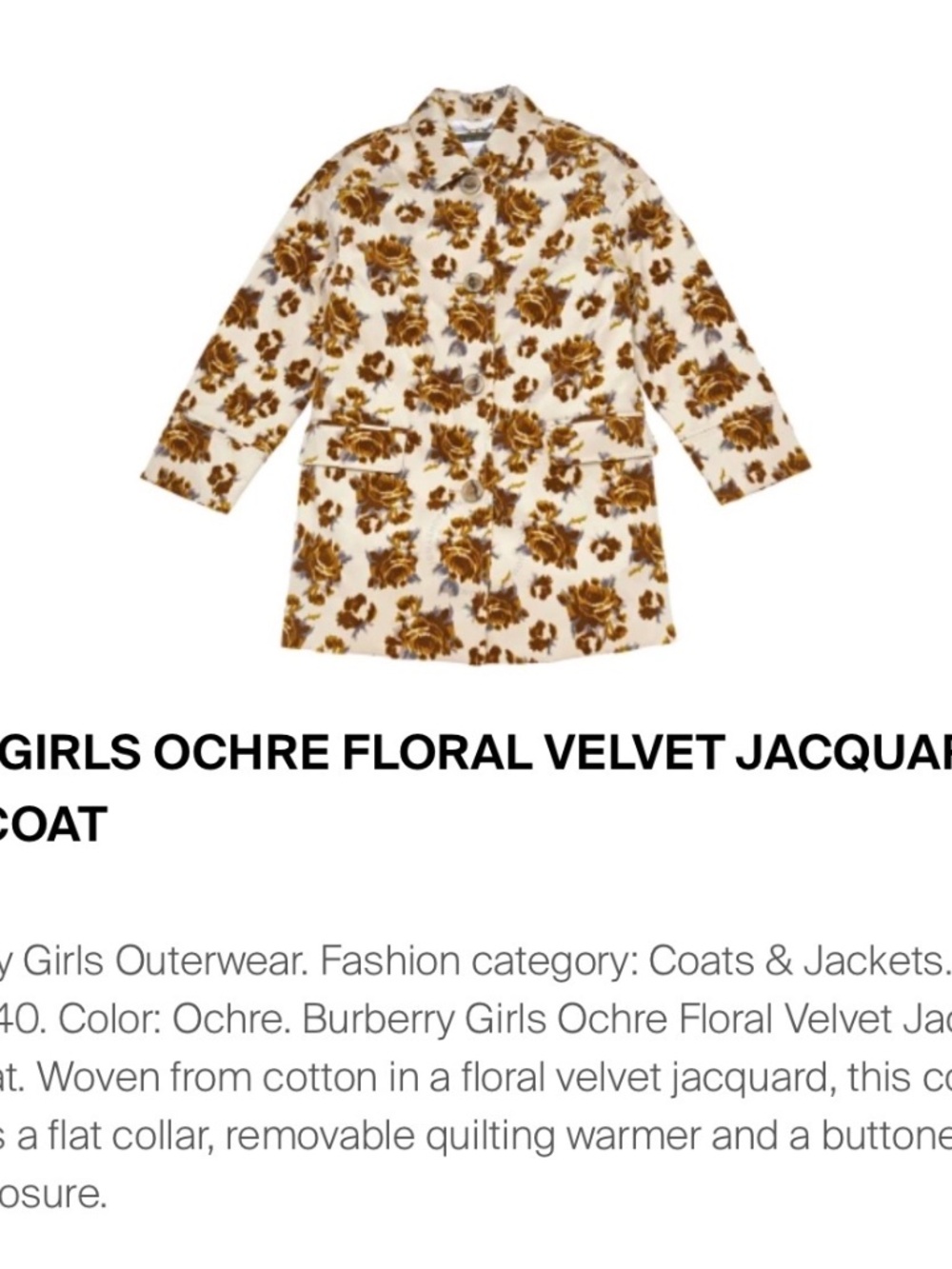 BURBERRY Kids' Girls Ochre Floral Velvet Jacquard Car